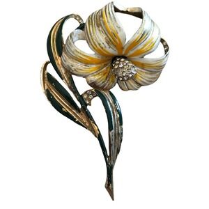Signed DEJA Deco Enameled Flower Gold Brooch Pin RARE Pave Rhinestone Jewelry